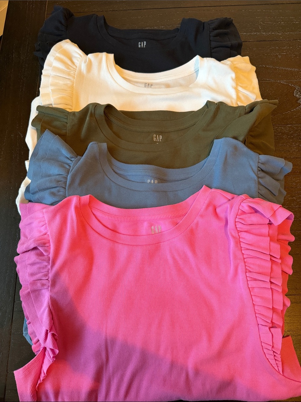 GAP Women’s Ruffle Sleeve Tees - Hot Pink, Blue, Olive, White and Black